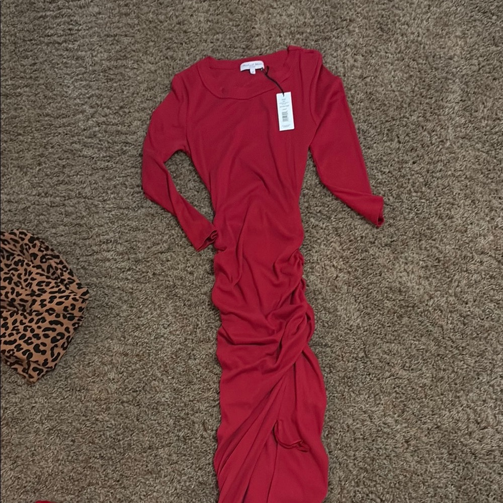 Michael Stars Red Long Sleeve Ruched Maxi Dress